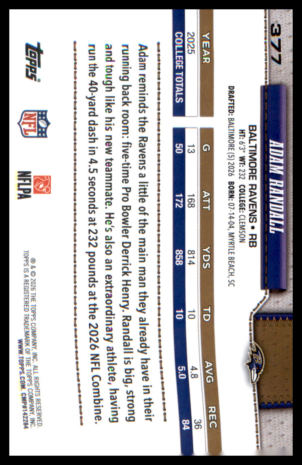 2026 Topps Flagship Rookie Card #377 Adam Randall