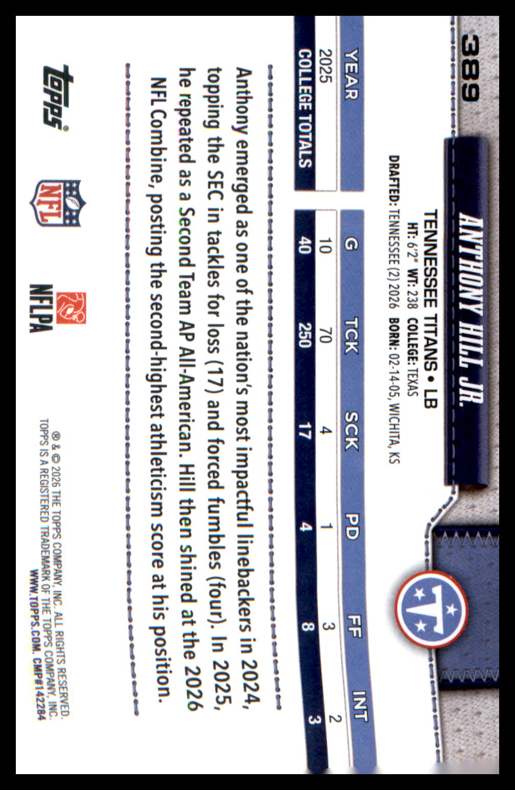 2026 Topps Flagship Rookie Card #389 Anthony Hill Jr.
