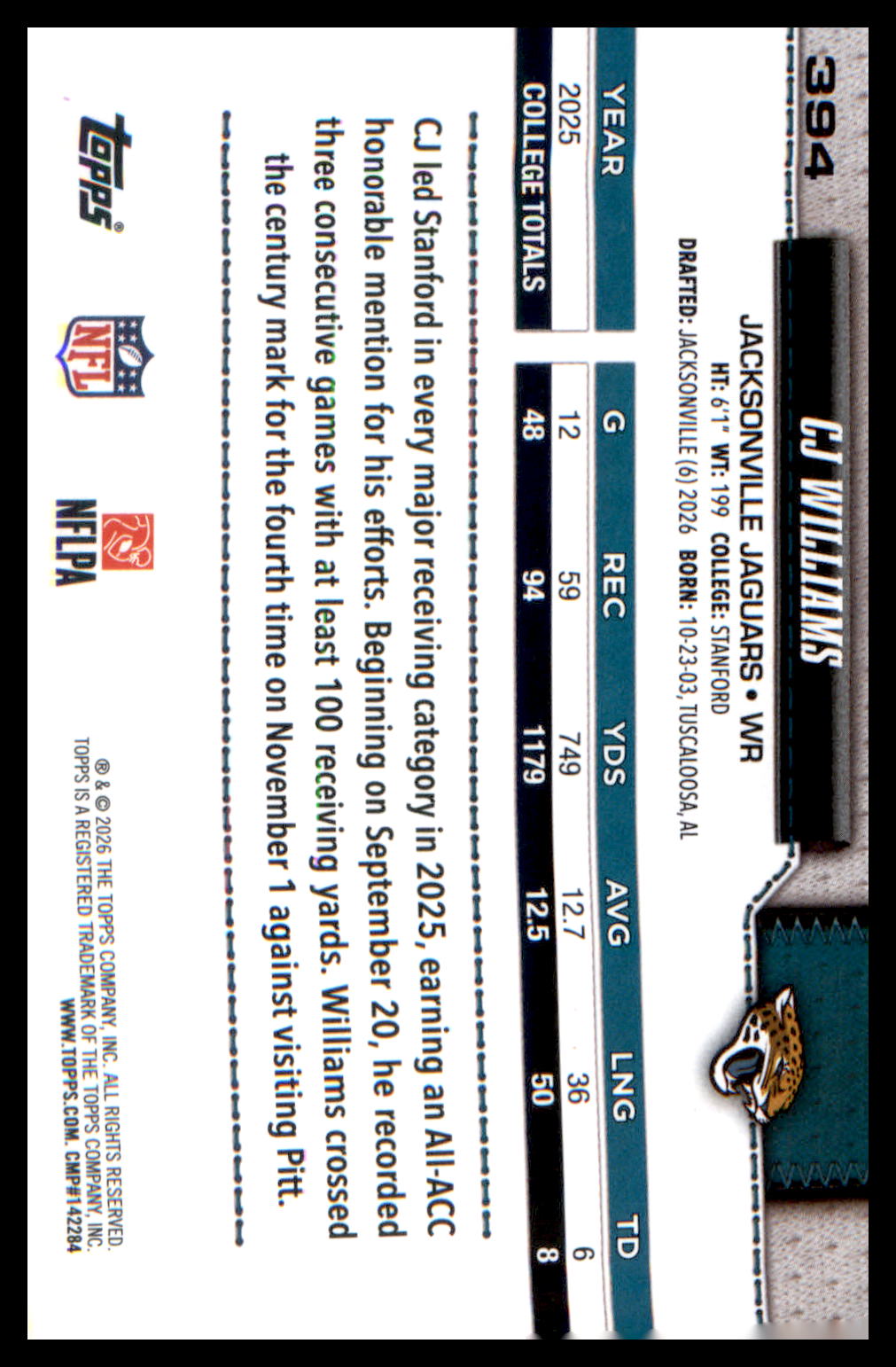 Rookie Card # CJ williams
