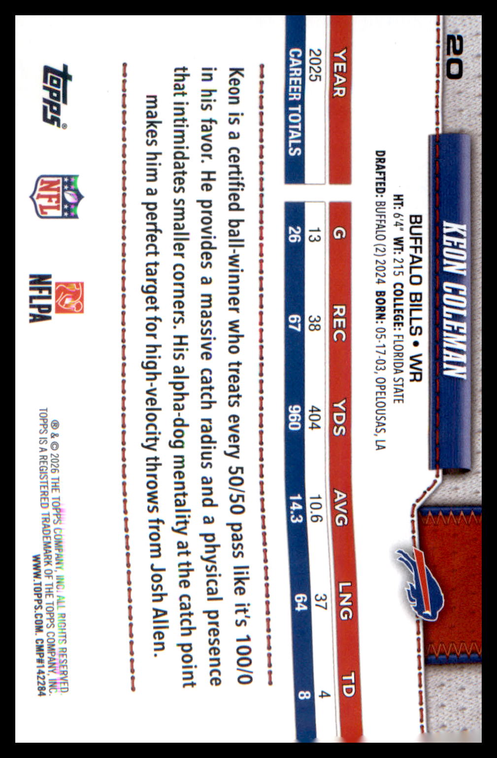 2026 Topps Flagship Football Base #20 Keon Coleman