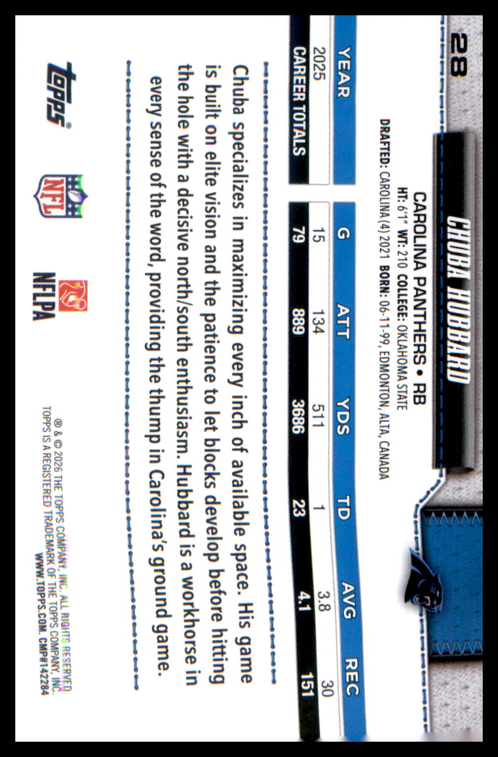 2026 Topps Flagship Football Base #28 Chuba Hubbard