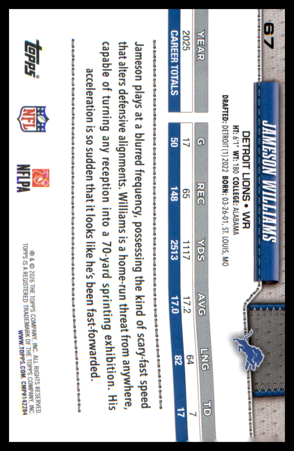 2026 Topps Flagship Football Base #67 Jameson Williams