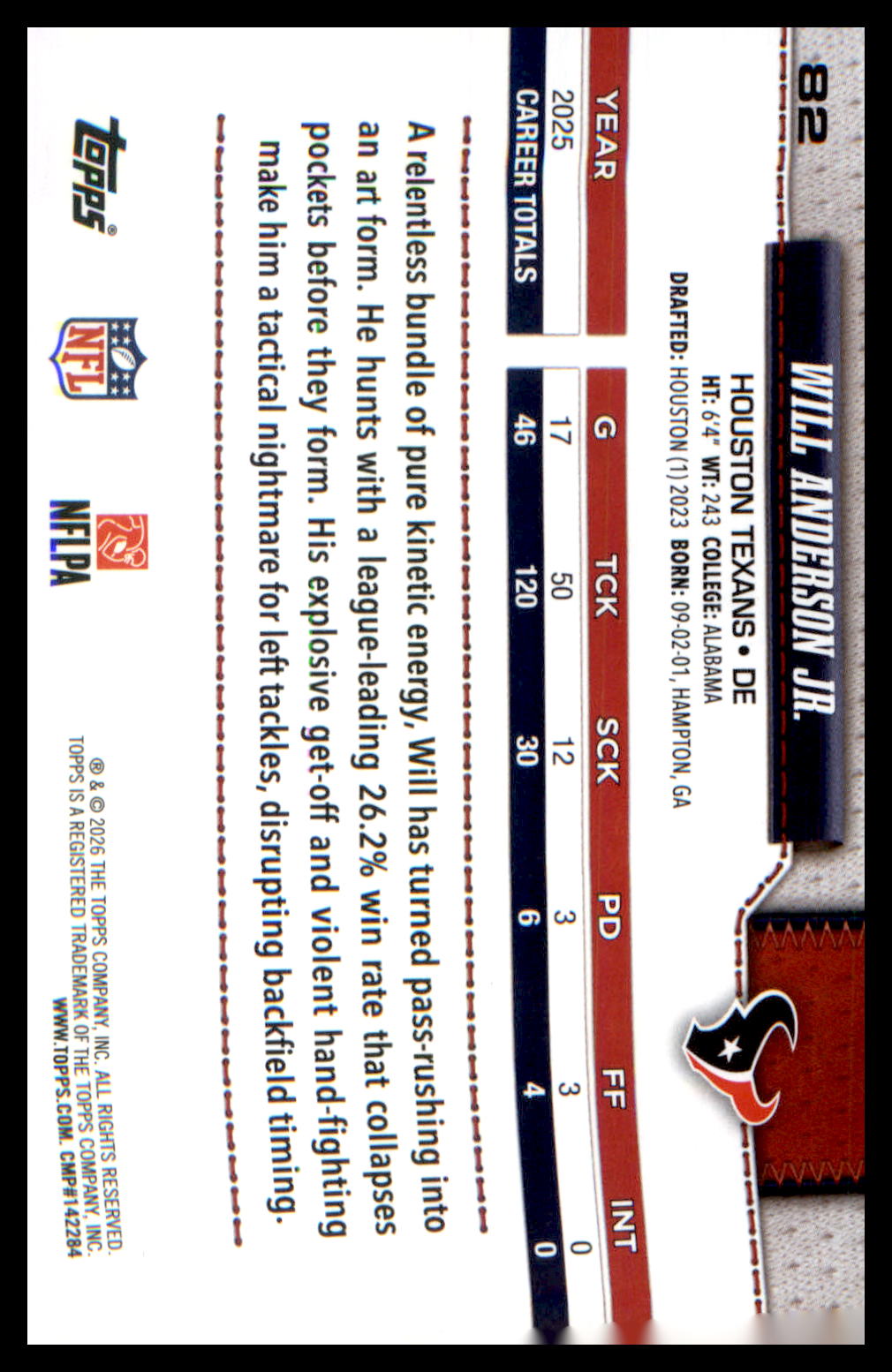2026 Topps Flagship Football Base #82 Will Anderson Jr.
