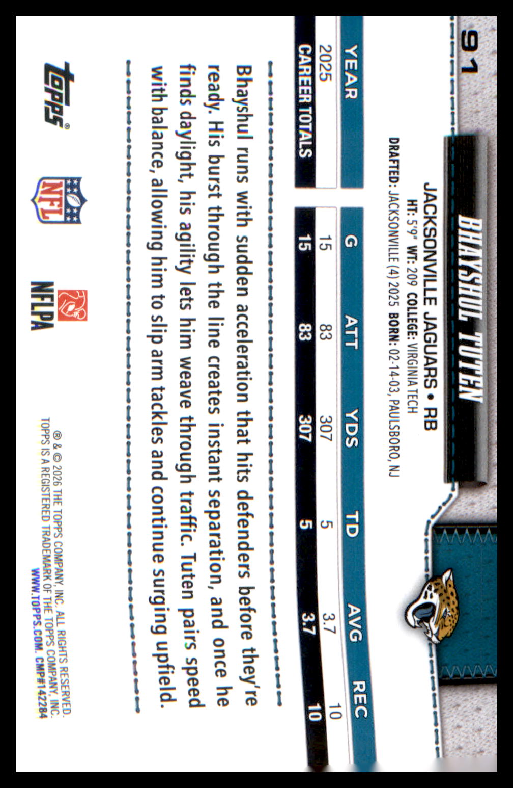 2026 Topps Flagship Football Base #91 Bhayshul Tuten