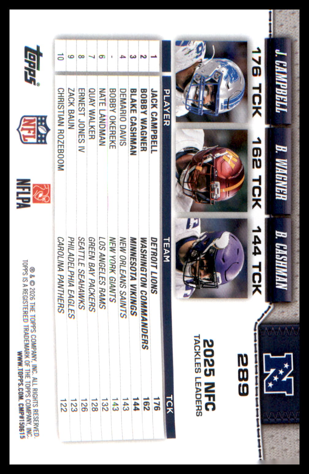 2026 Topps Flagship Football #289 NFC Tackle Leaders