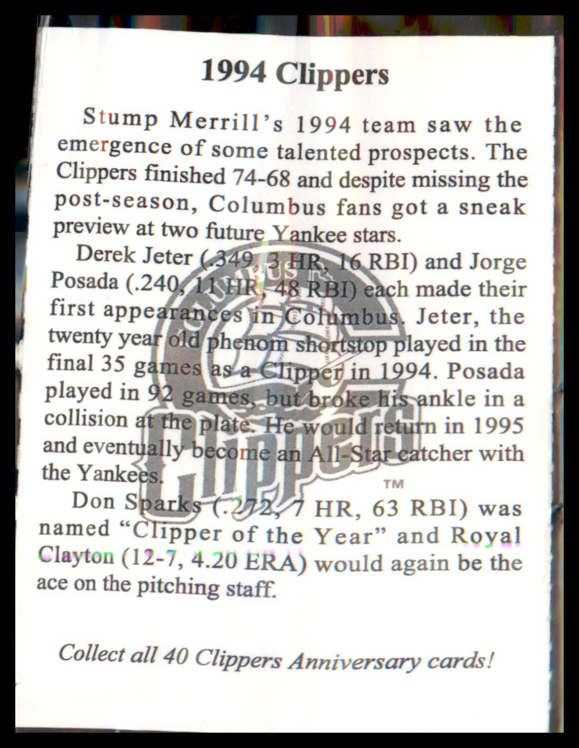 1994 Clippers Program Clippers Anniversary Card #NNO Jorge Posada