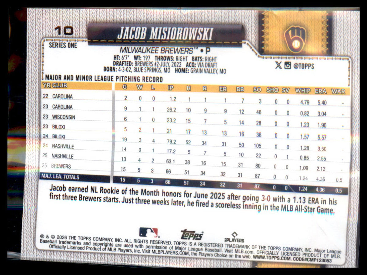 2026 Topps #10 Jacob Misiorowski RC RC