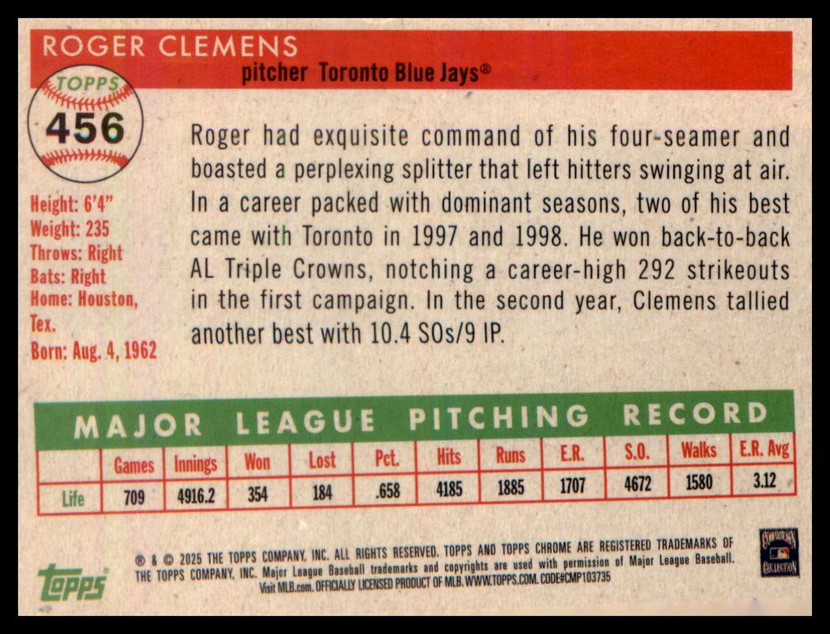 2025 Topps Chrome Platinum Blue Prism Refractors #456 Roger Clemens