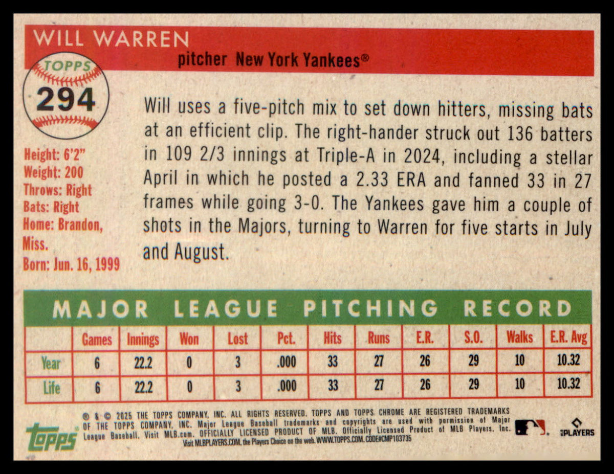 2025 Topps Chrome Platinum #294 Will Warren RC RC