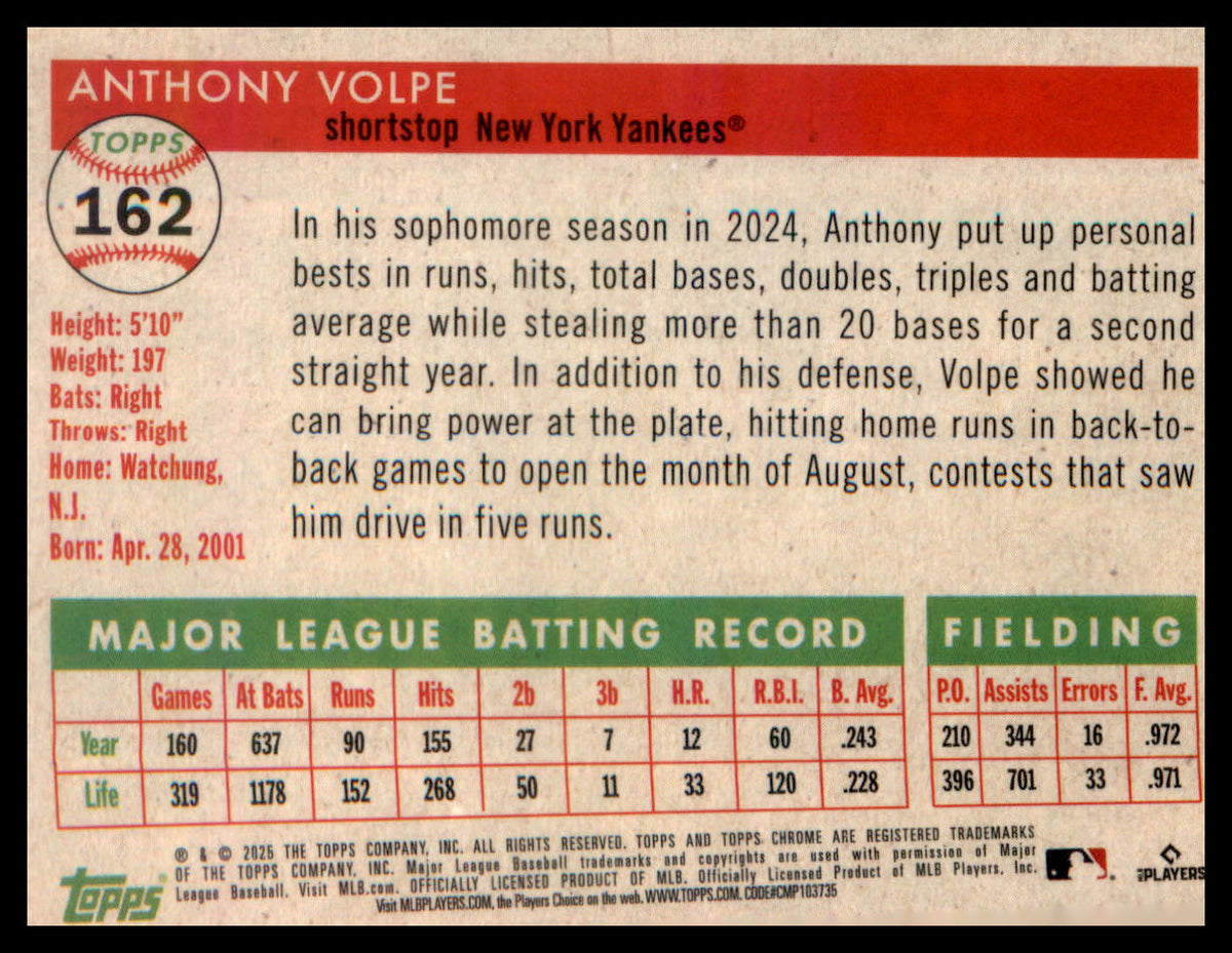 2025 Topps Chrome Platinum #162 Anthony Volpe