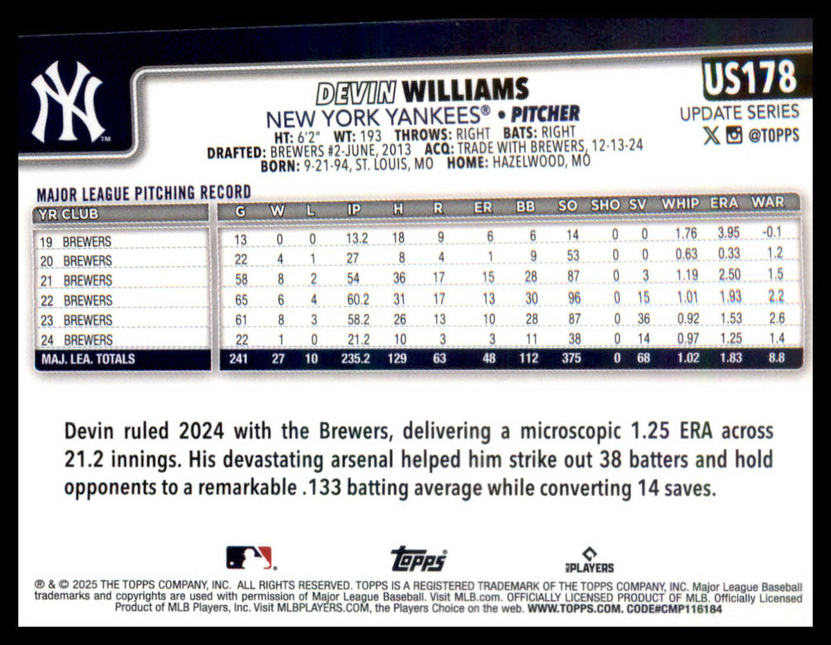 2025 Topps Update Holiday #US178 Devin Williams