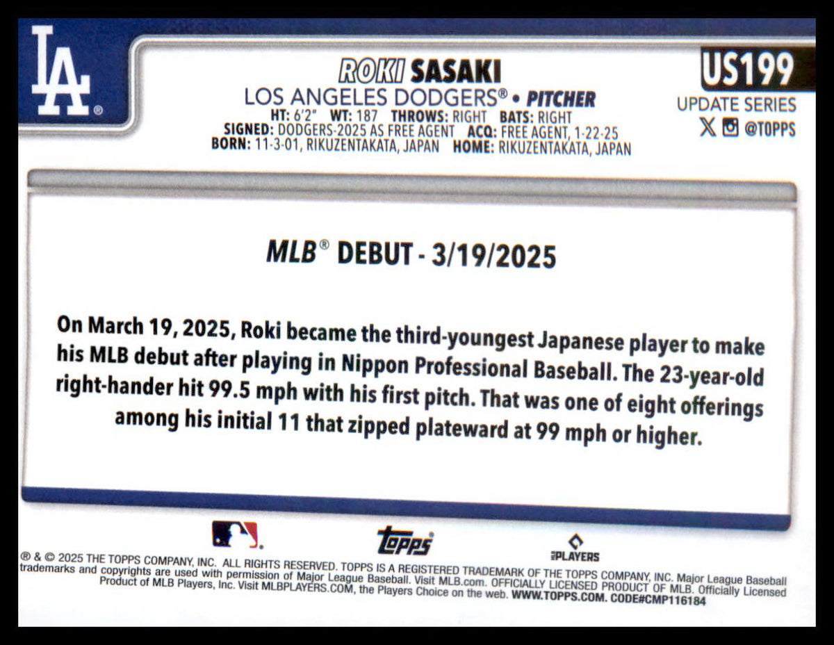 2025 Topps Update #US199 Roki Sasaki