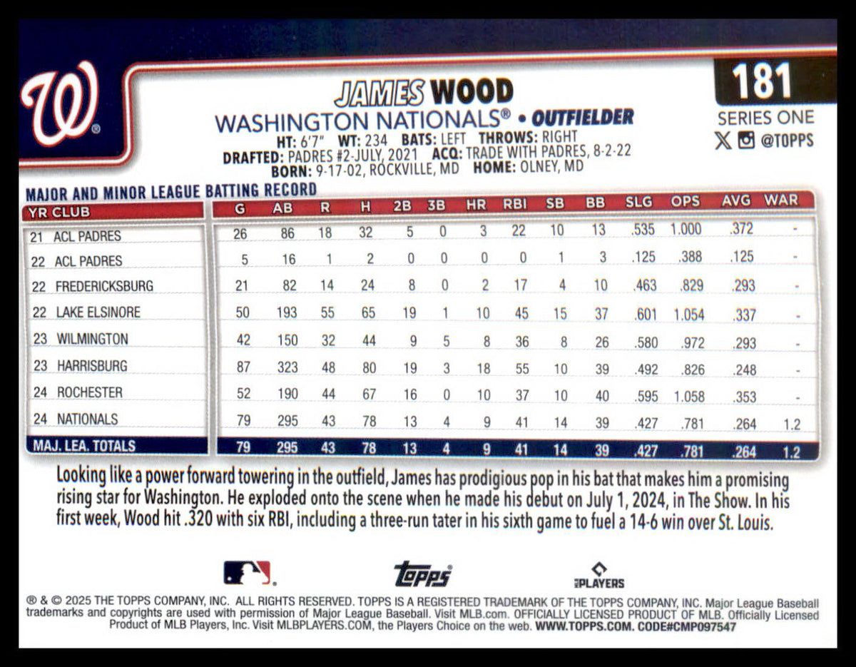 2025 Topps #181 James Wood RC RC