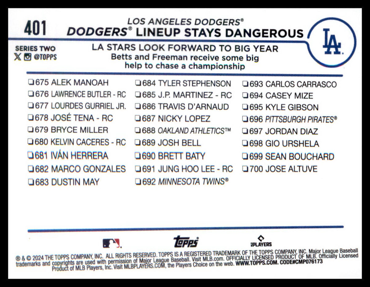 2024 Topps #401 Dodgers Lineup Stays Dangerous Freddie Freeman/Mookie Betts