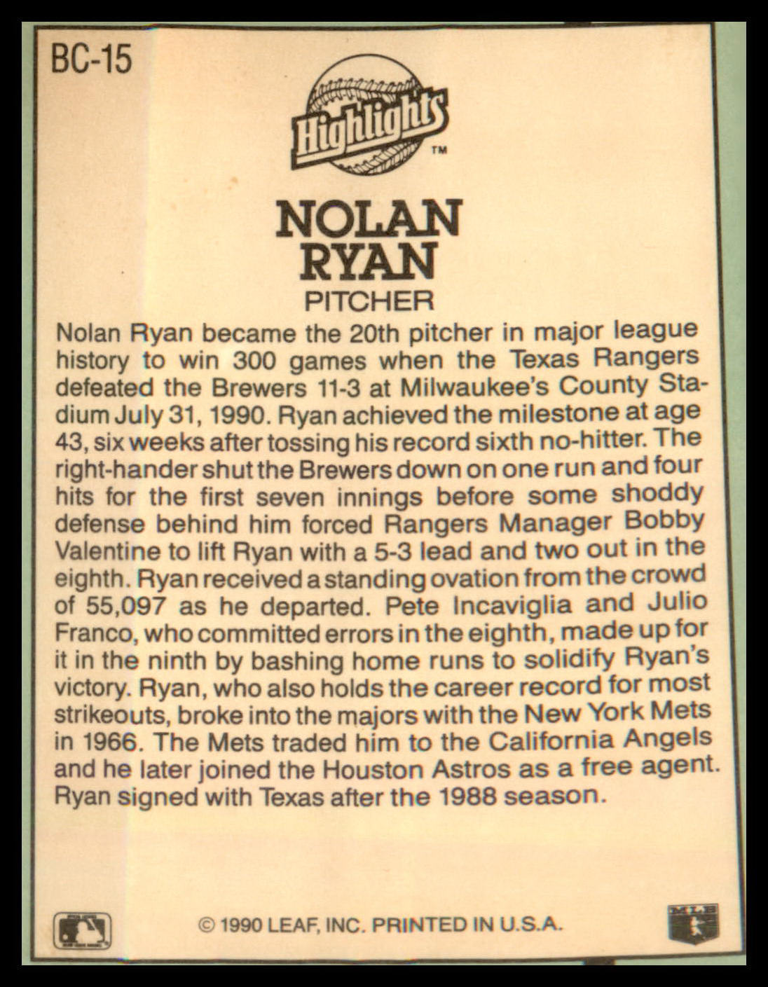 1991 Donruss Bonus Cards 300th Win #BC-15 Nolan Ryan