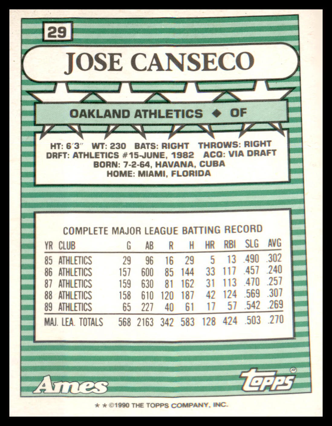 1990 Topps Ames All-Stars #29 Jose Canseco