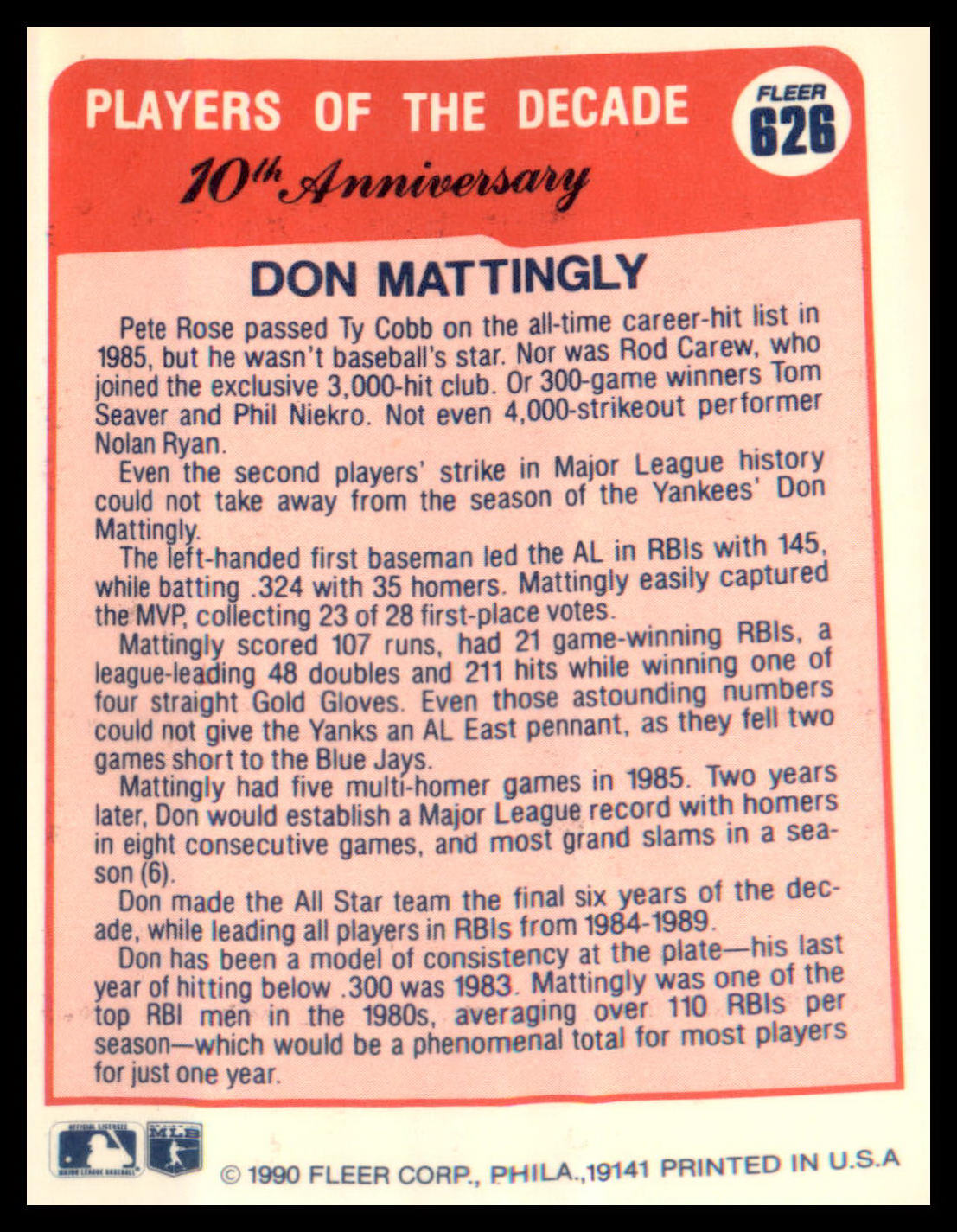1990 Fleer #626 Don Mattingly