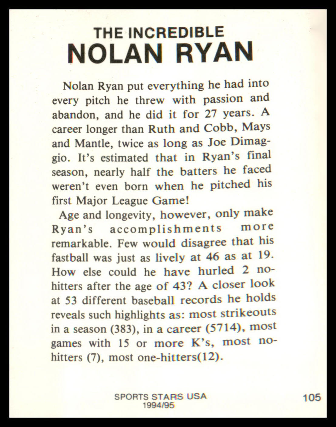 1993-95 Sports Stars USA #105 Nolan Ryan Official Retirement Card