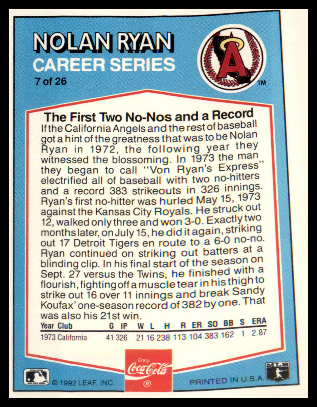 1992 Donruss Coca-Cola Nolan Ryan #7 Nolan Ryan