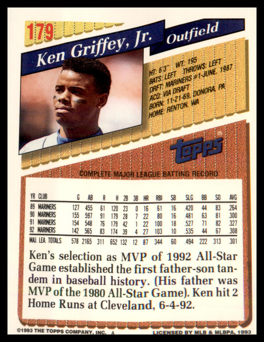 1992 Topps 1993 Topps Pre-Production Samples #179 Ken Griffey, Jr.