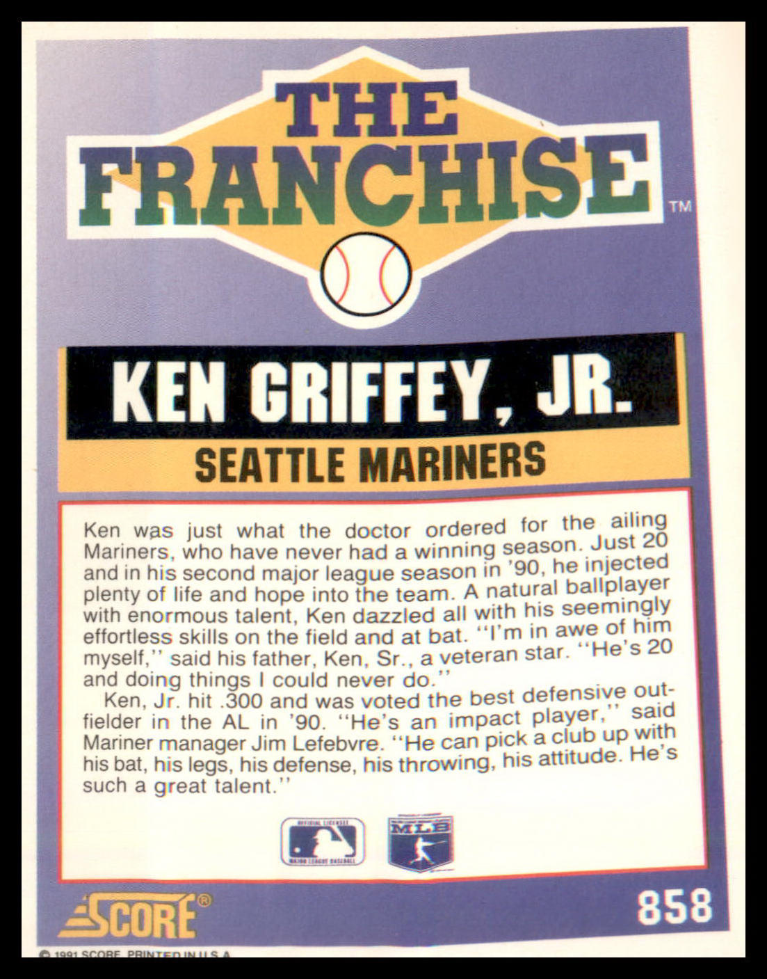 1991 Score #858 Ken Griffey, Jr.