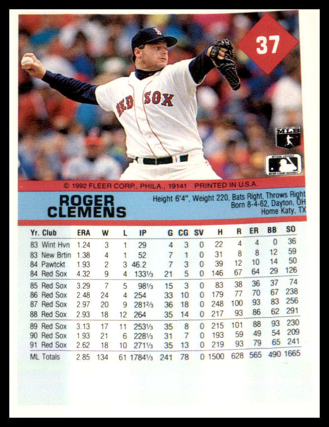 1992 Fleer #37 Roger Clemens