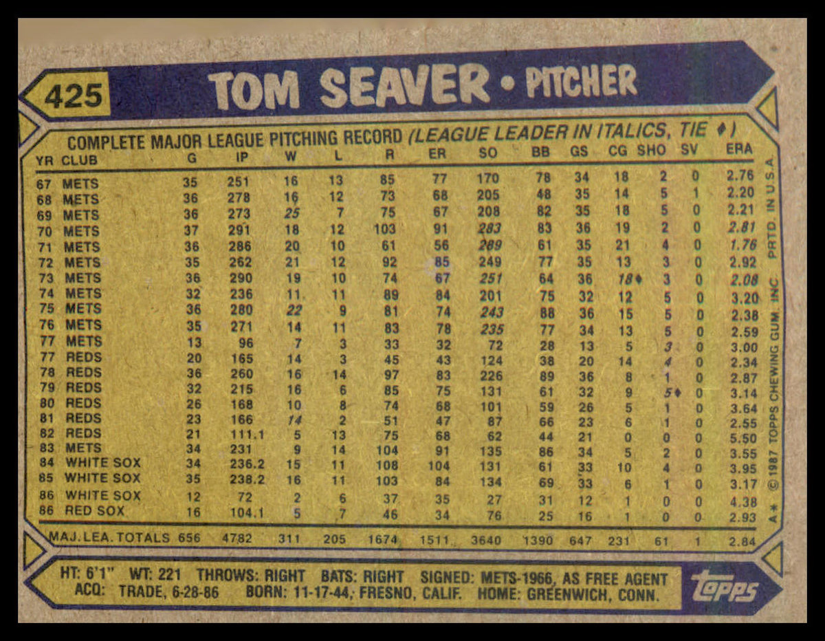 1987 Topps #425 Tom Seaver
