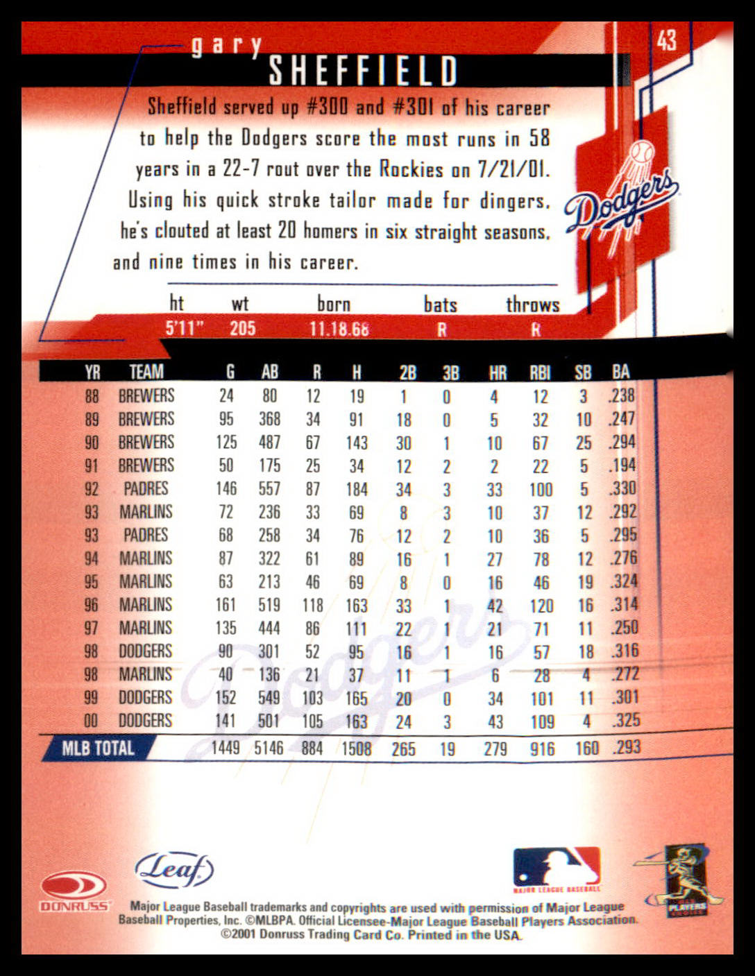 2001 Leaf Rookies & Stars #43 Gary Sheffield