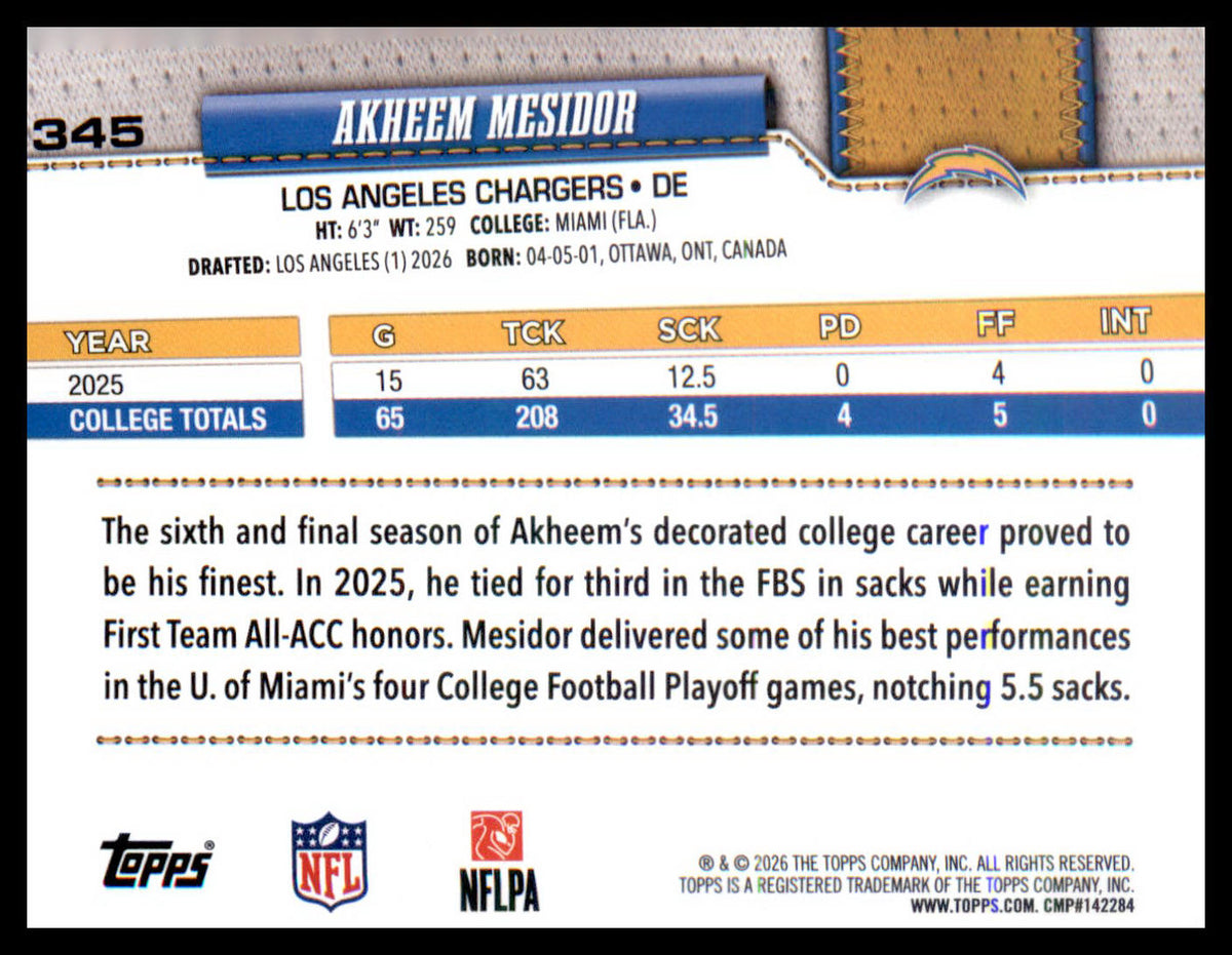 AKHEEM MESIDOR 2026 Topps Flagship Football #345 RC Silver Holofoil SD Chargers