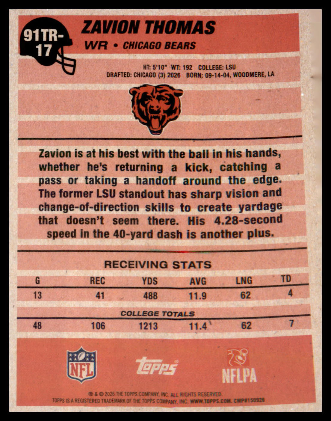 2026 Topps Flagship 1991 Topps Football Rookies #91TR-17 Zavion Thomas