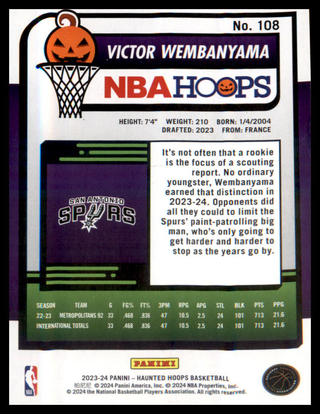2023-24 Hoops Haunted Hoops #108 Victor Wembanyama RC RC