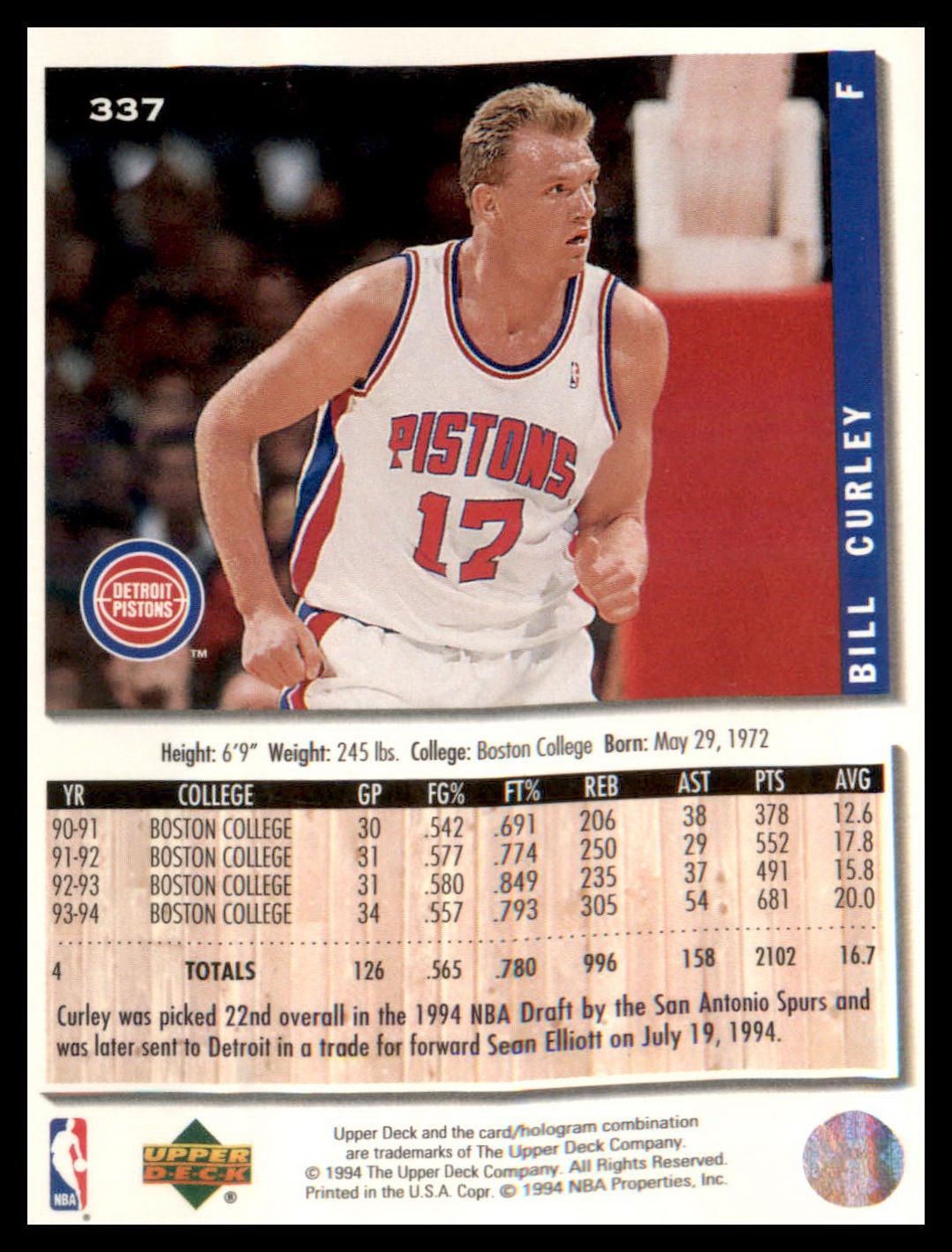 1994-95 Collector's Choice #337 Bill Curley RC RC