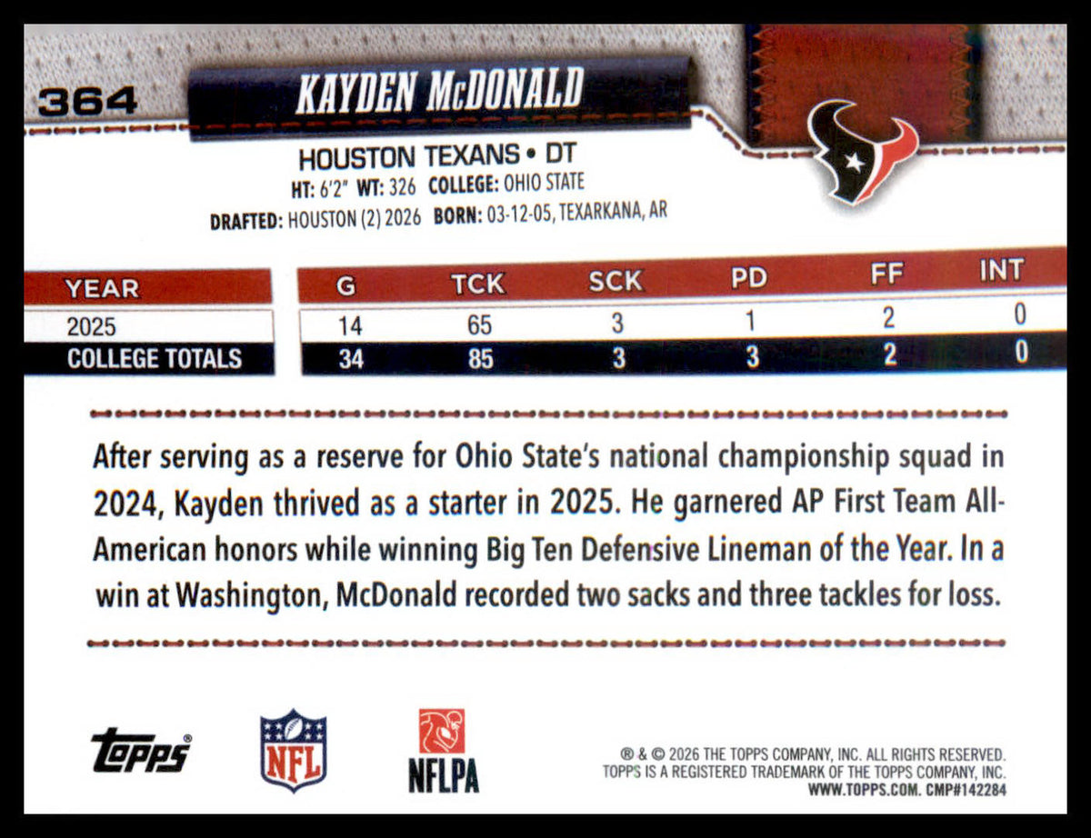 2026 Topps Flagship #364 Kayden McDonald RC RC