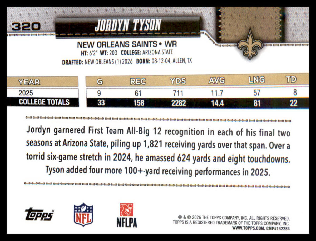 2026 Topps Flagship #320 Jordyn Tyson RC RC