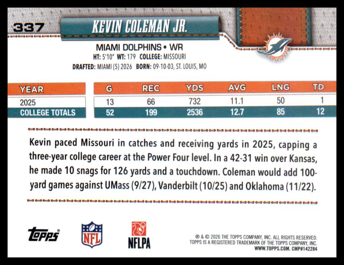 2026 Topps Flagship #337 Kevin Coleman Jr. RC RC