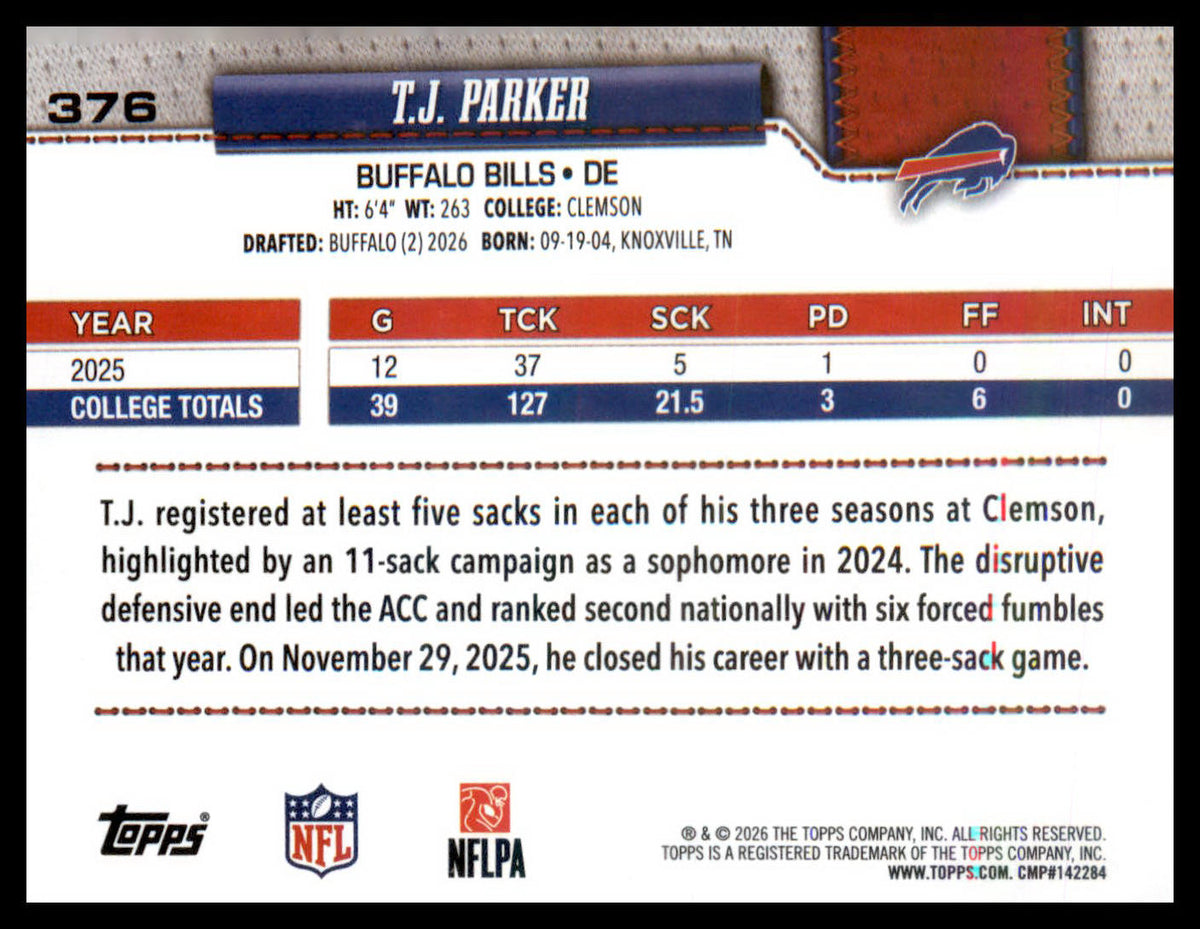 2026 Topps Flagship #376 T.J. Parker RC RC