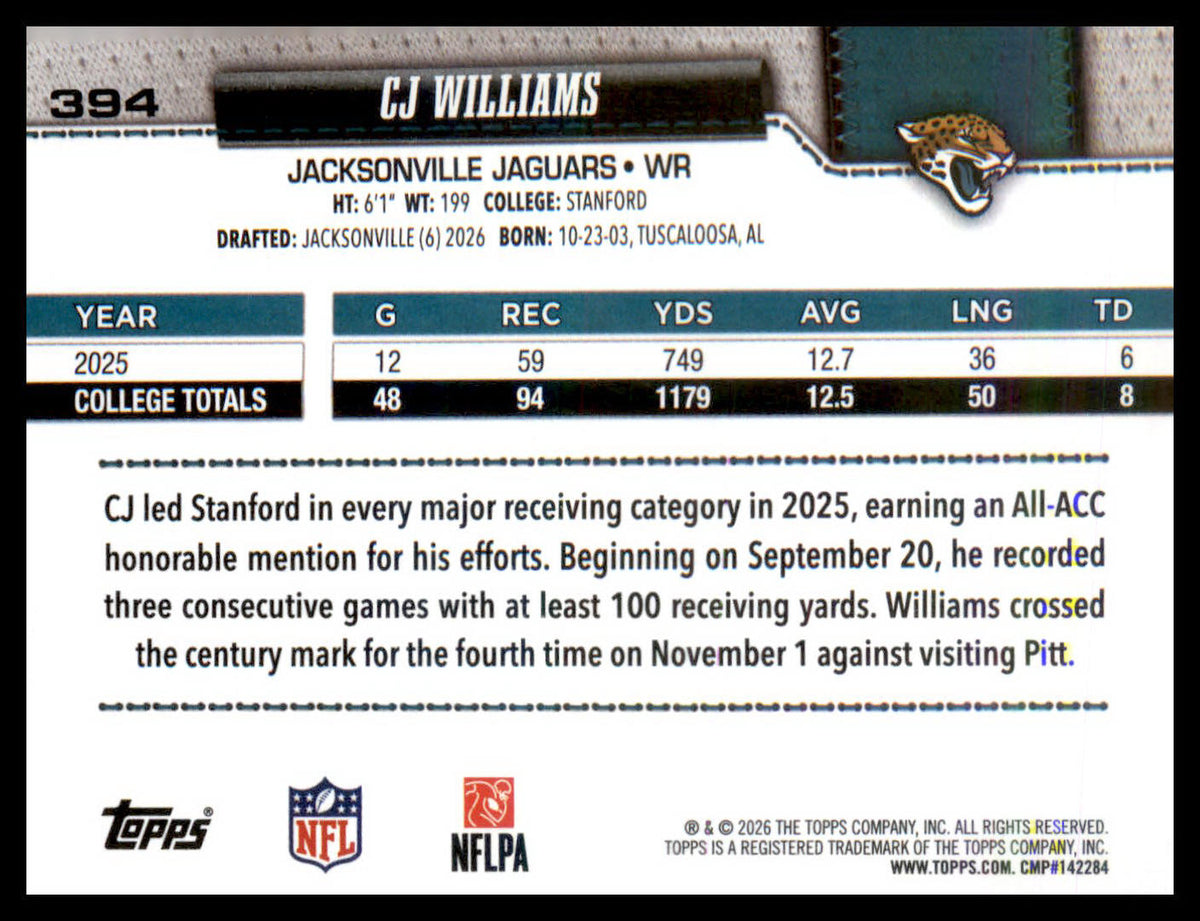 2026 Topps Flagship #394 C.J. Williams RC RC