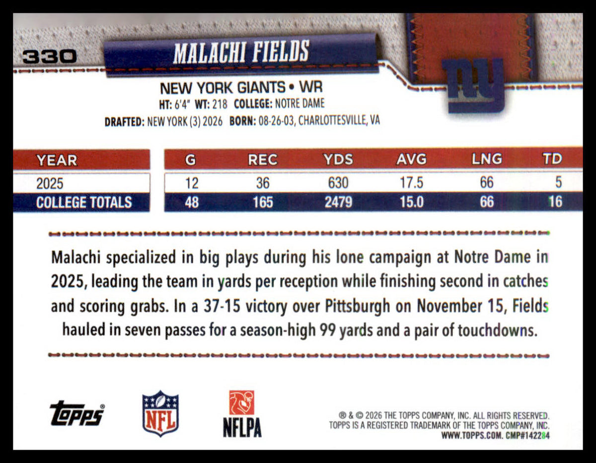 2026 Topps Flagship #330 Malachi Fields RC RC