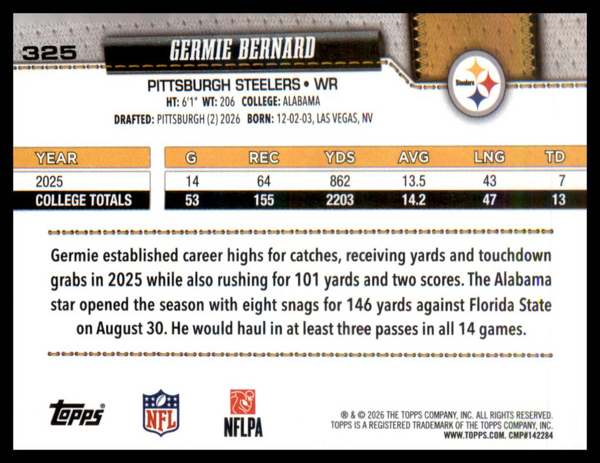 2026 Topps Flagship #325 Germie Bernard RC RC