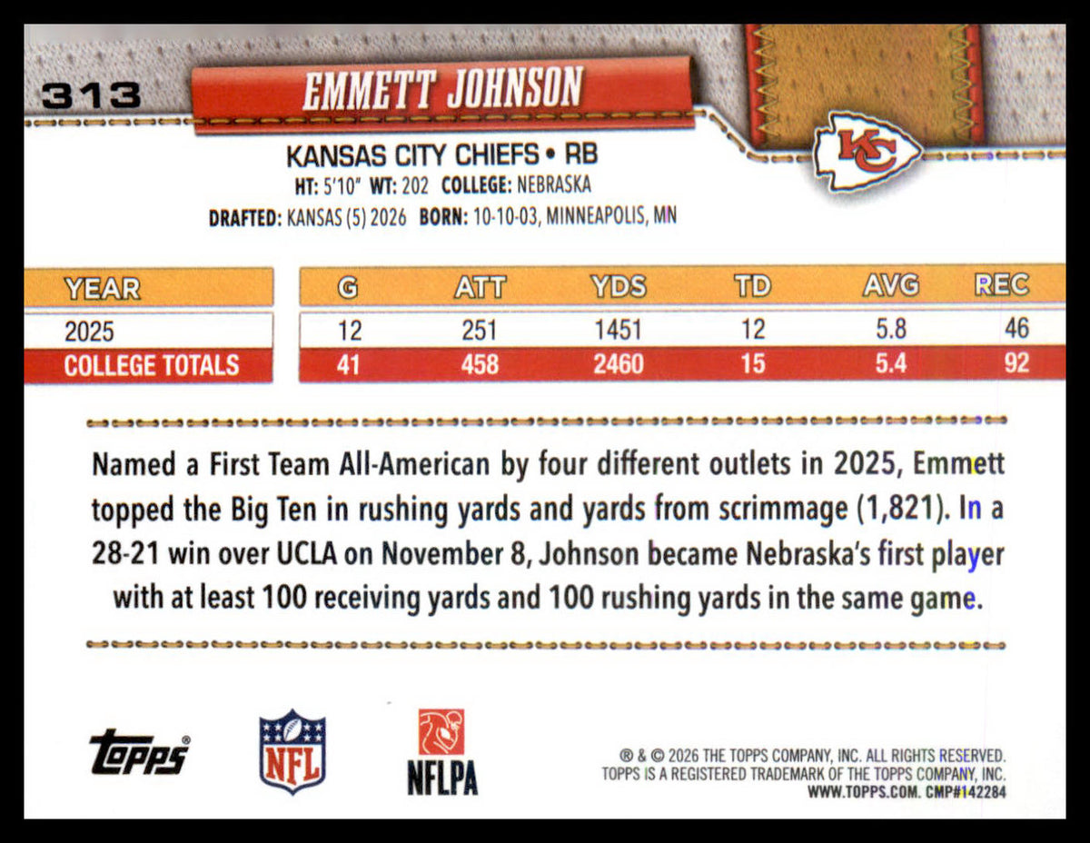 2026 Topps Flagship #313 Emmett Johnson RC RC
