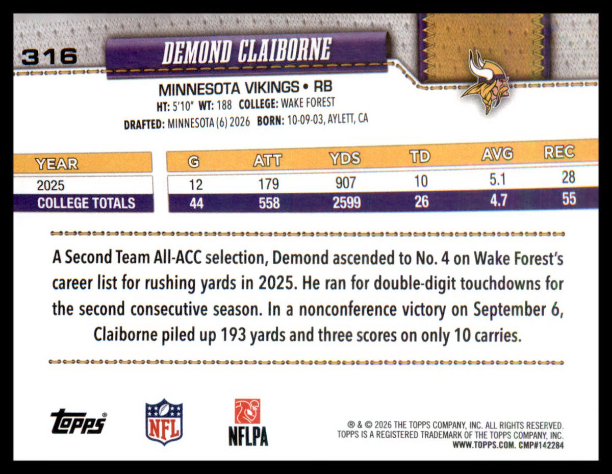 2026 Topps Flagship #316 Demond Claiborne RC RC