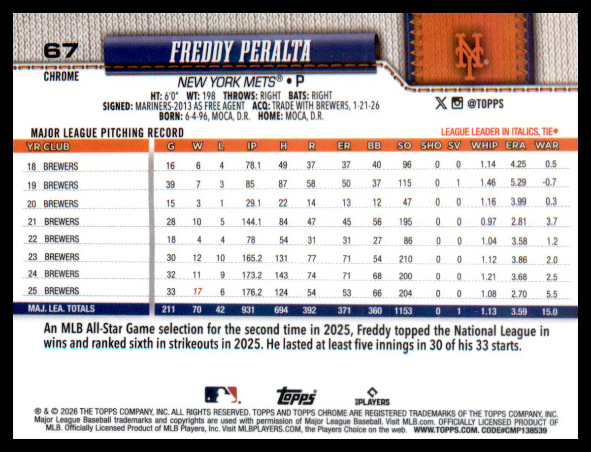 2026 Topps Chrome X-Fractors #67 Freddy Peralta
