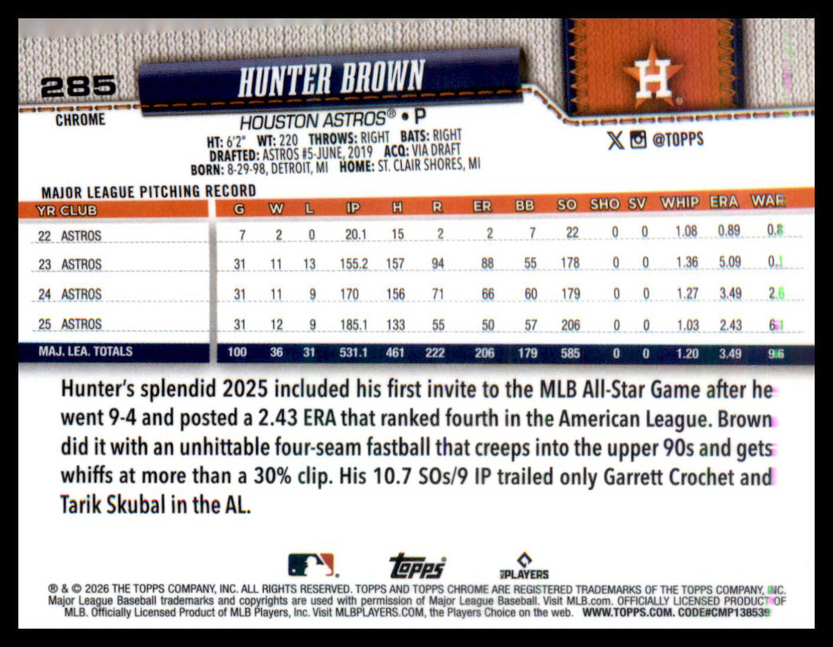 2026 Topps Chrome X-Fractors #285 Hunter Brown