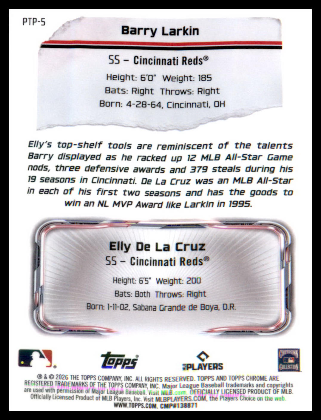 2026 Topps Chrome Past to Present #PTP-5 Refractor Barry Larkin Elly De La Cruz