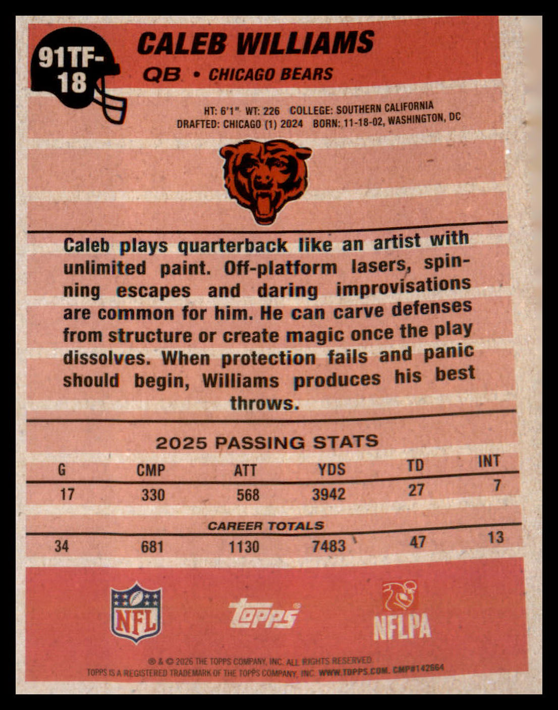 2026 Topps Flagship 1991 Topps Football #91TF-18 Caleb Williams