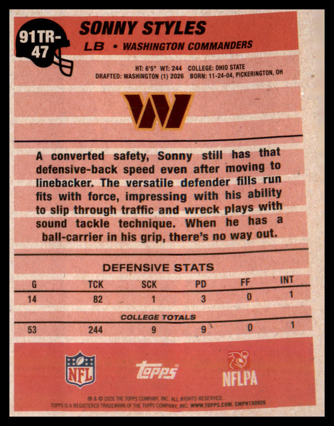 2026 Topps Flagship 1991 Topps Football Rookies #91TR-47 Sonny Styles