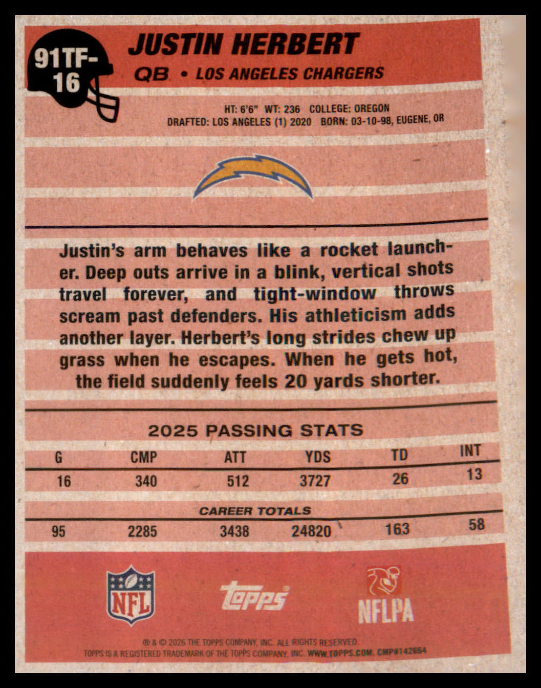 2026 Topps Flagship 1991 Topps Football #91TF-16 Justin Herbert