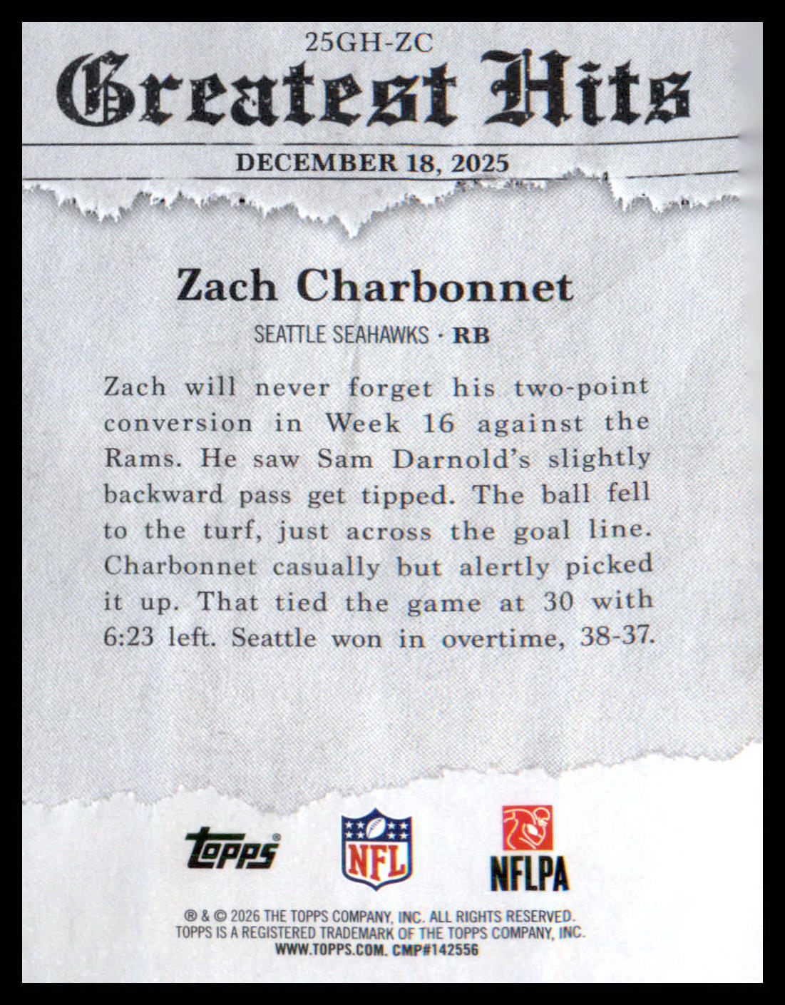 2026 Topps Flagship 2025 Greatest Hits #25GH-ZC Zach Charbonnet