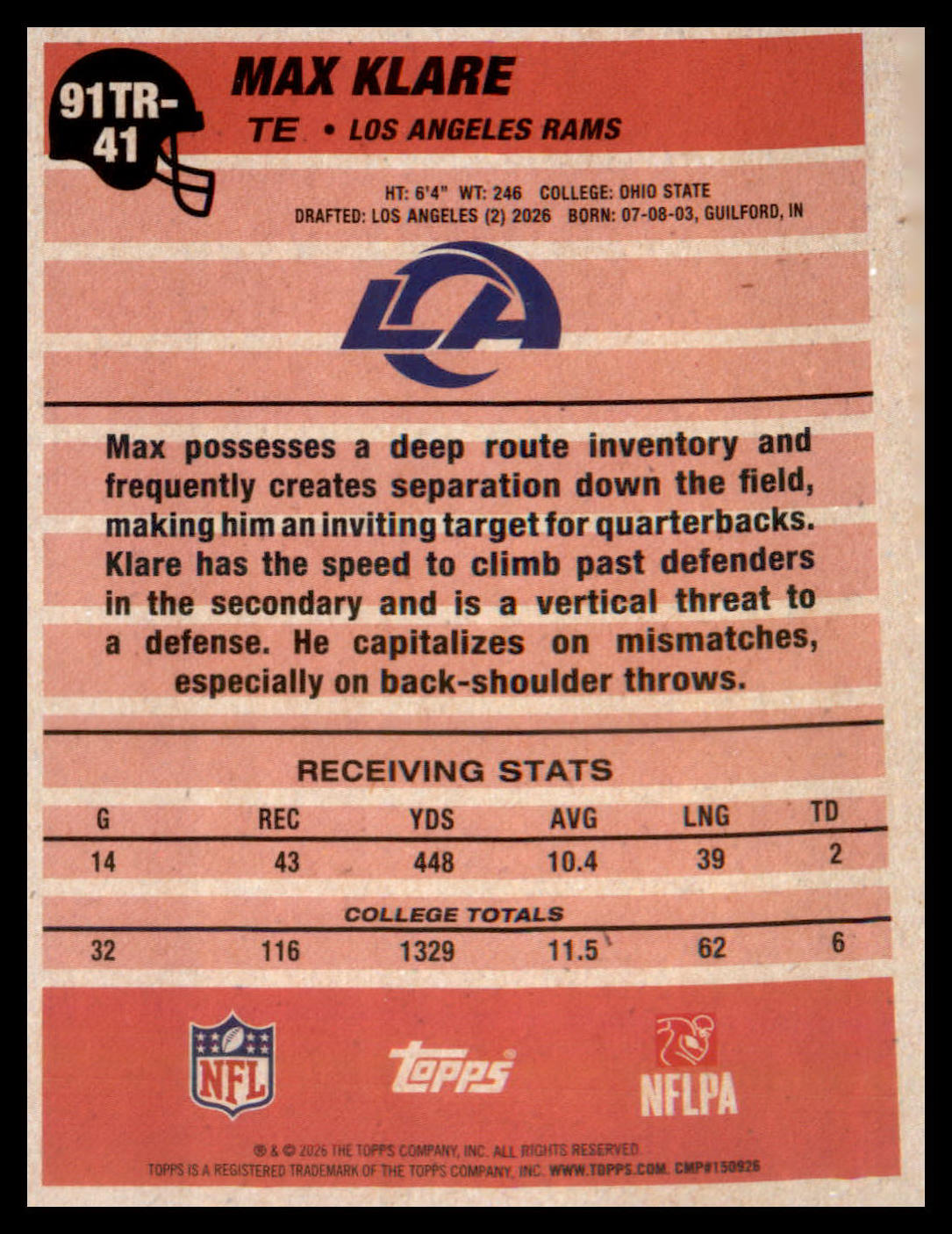 2026 Topps Flagship 1991 Topps Football Rookies #91TR-41 Max Klare