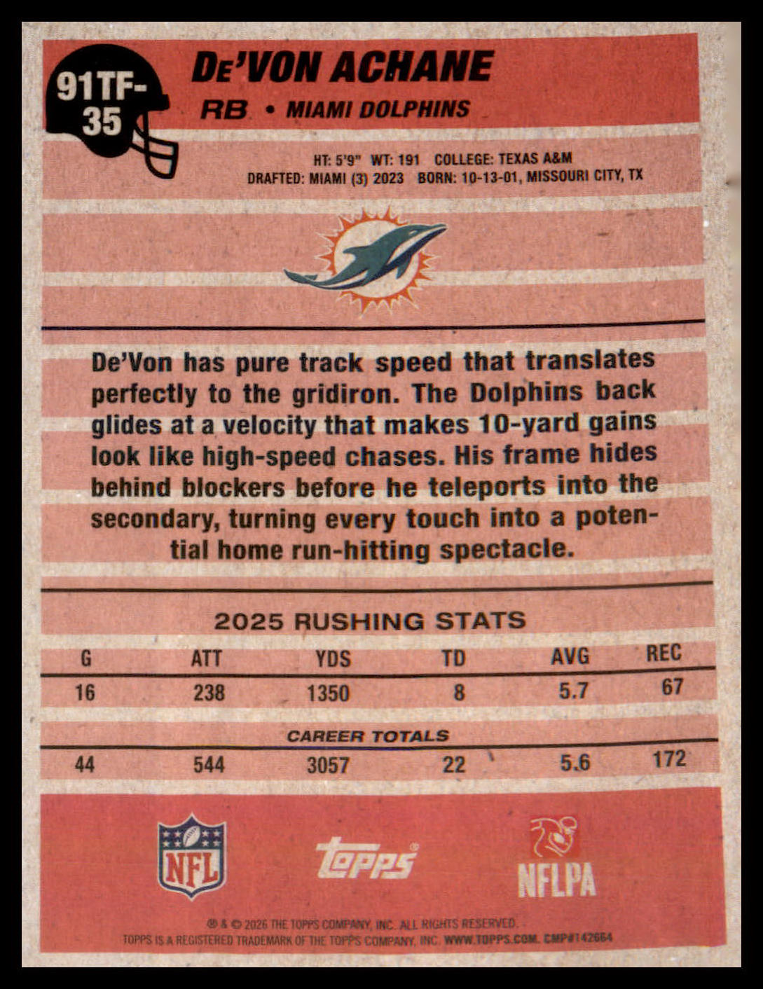 2026 Topps Flagship 1991 Topps Football #91TF-35 De'Von Achane